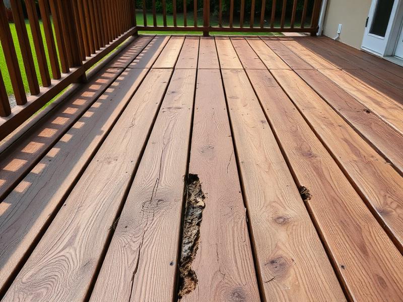 Rotted wooden deck boards before repair