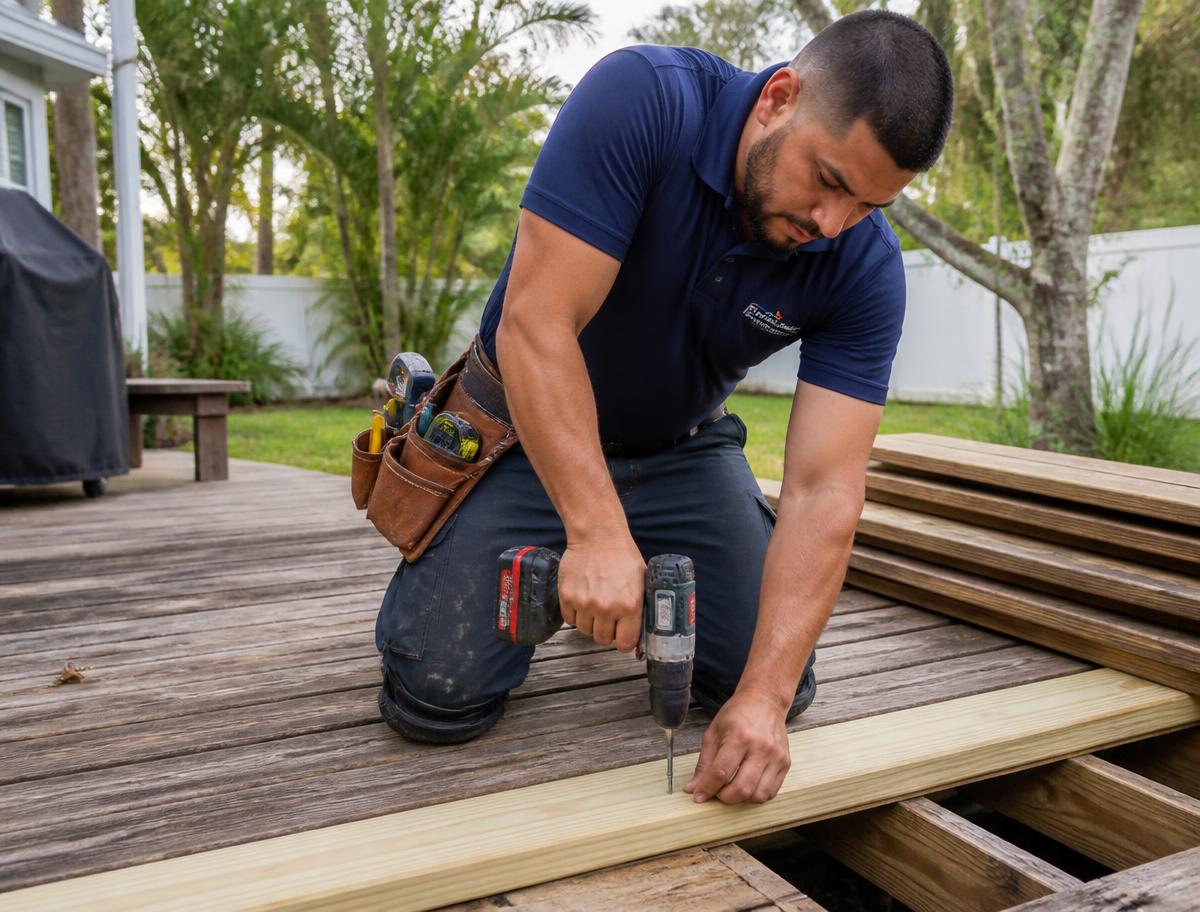 Handyman Experts technician screwing down a new replacement deck board