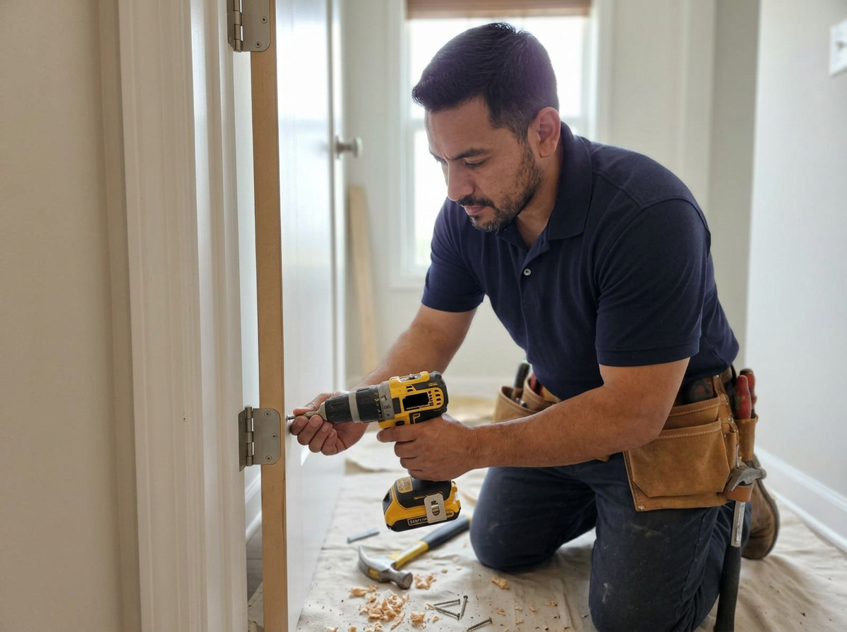 Handyman Experts technician installing a new door hinge with a cordless drill