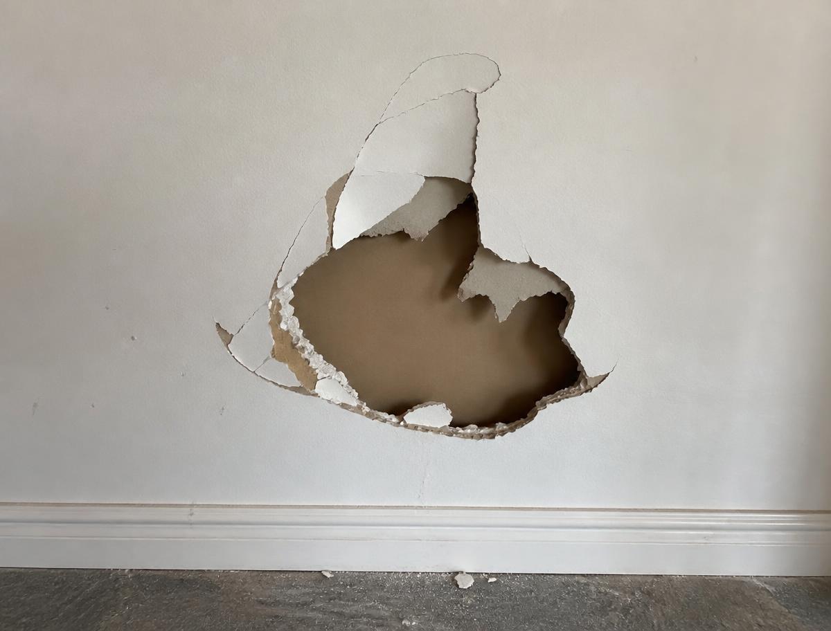 Large hole punched through interior drywall before repair