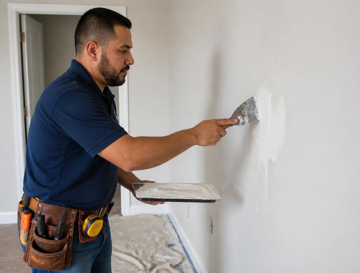 Handyman Experts technician applying joint compound over a patched drywall hole