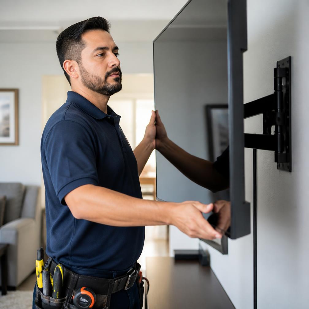 Handyman Experts technician mounting a flat screen TV on a living room wall