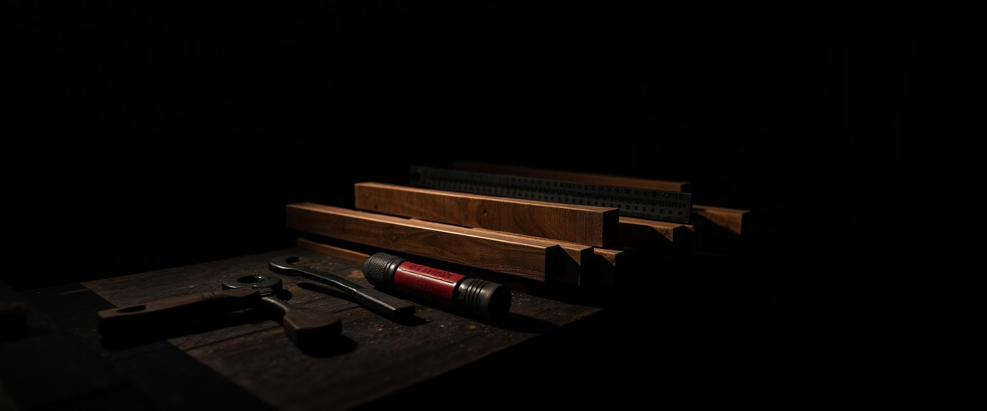 Handyman tools and lumber on a workbench