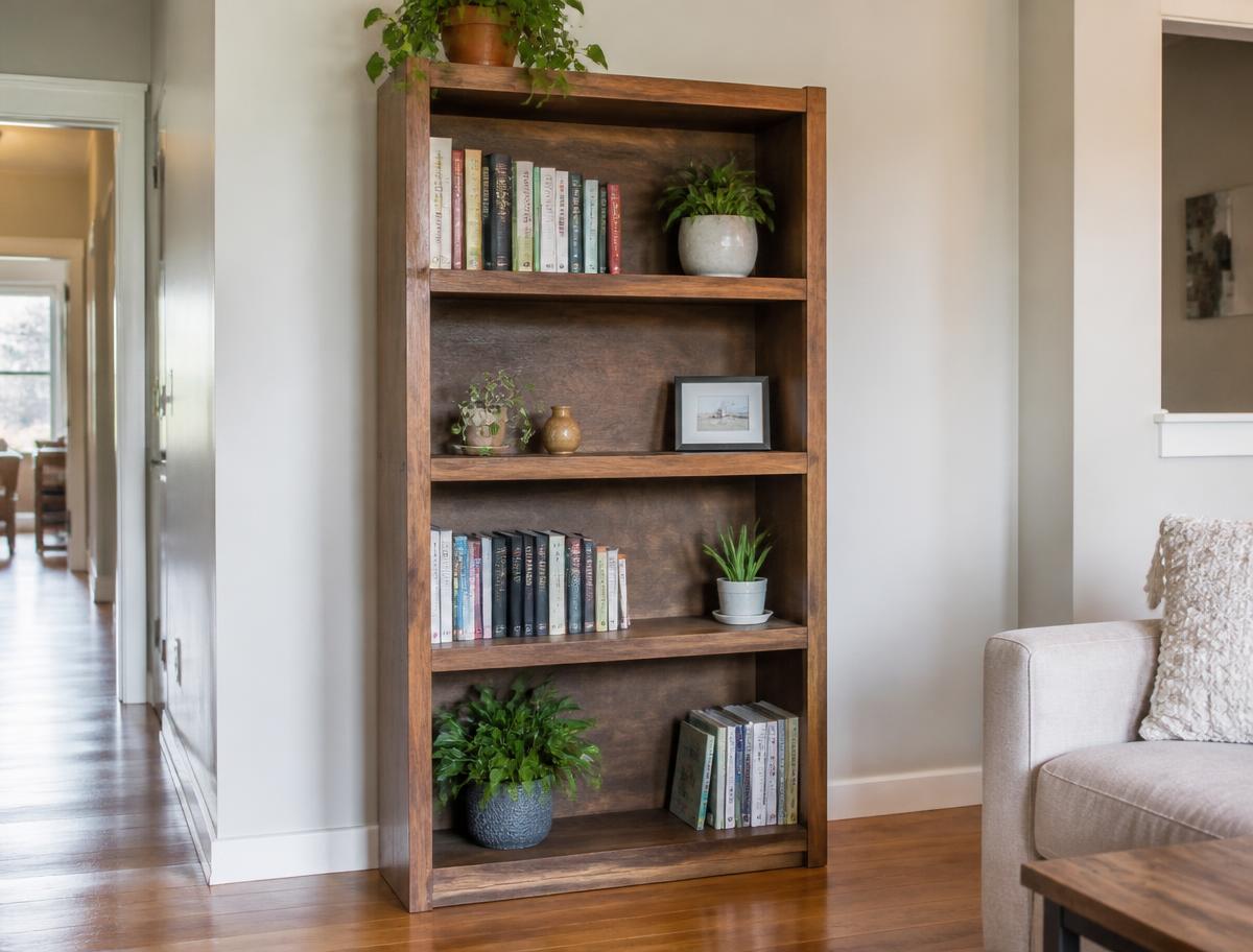 Fully assembled wooden bookshelf styled with books and plants