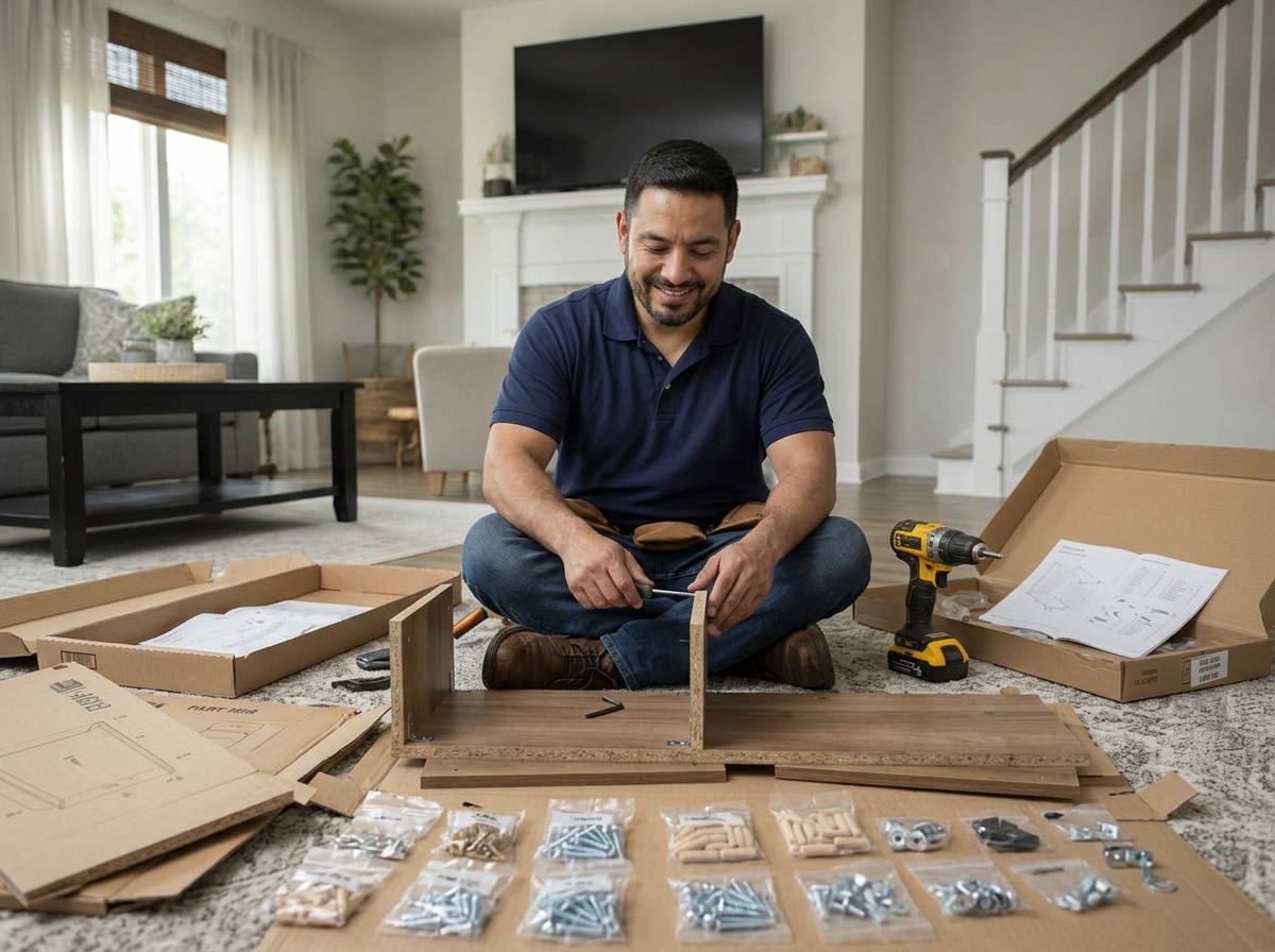 Handyman Experts technician assembling a flat pack bookshelf on the floor