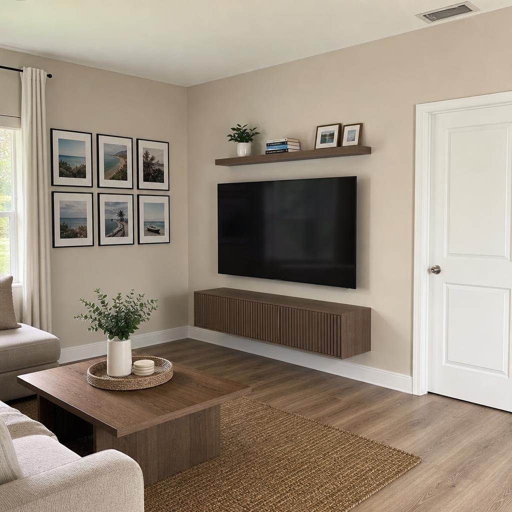 Tidy living room with straight gallery wall, mounted TV, secure shelf and fresh door hardware after handyman visit