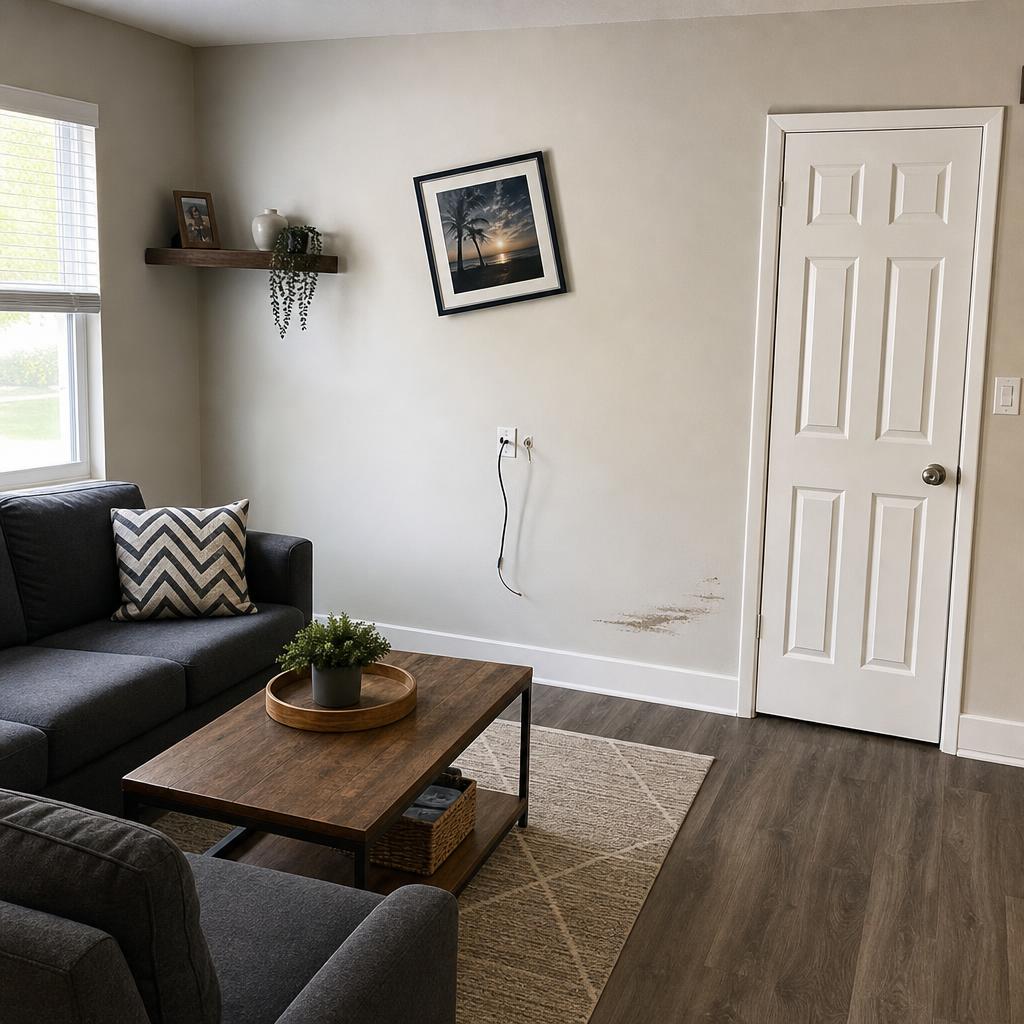 Living room with crooked picture, loose shelf, scuffed wall and dangling cable before handyman visit