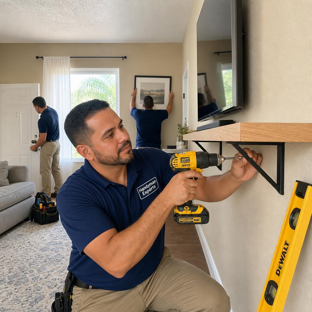 Handyman Experts technician installing a shelf bracket while another levels a picture and repairs a door
