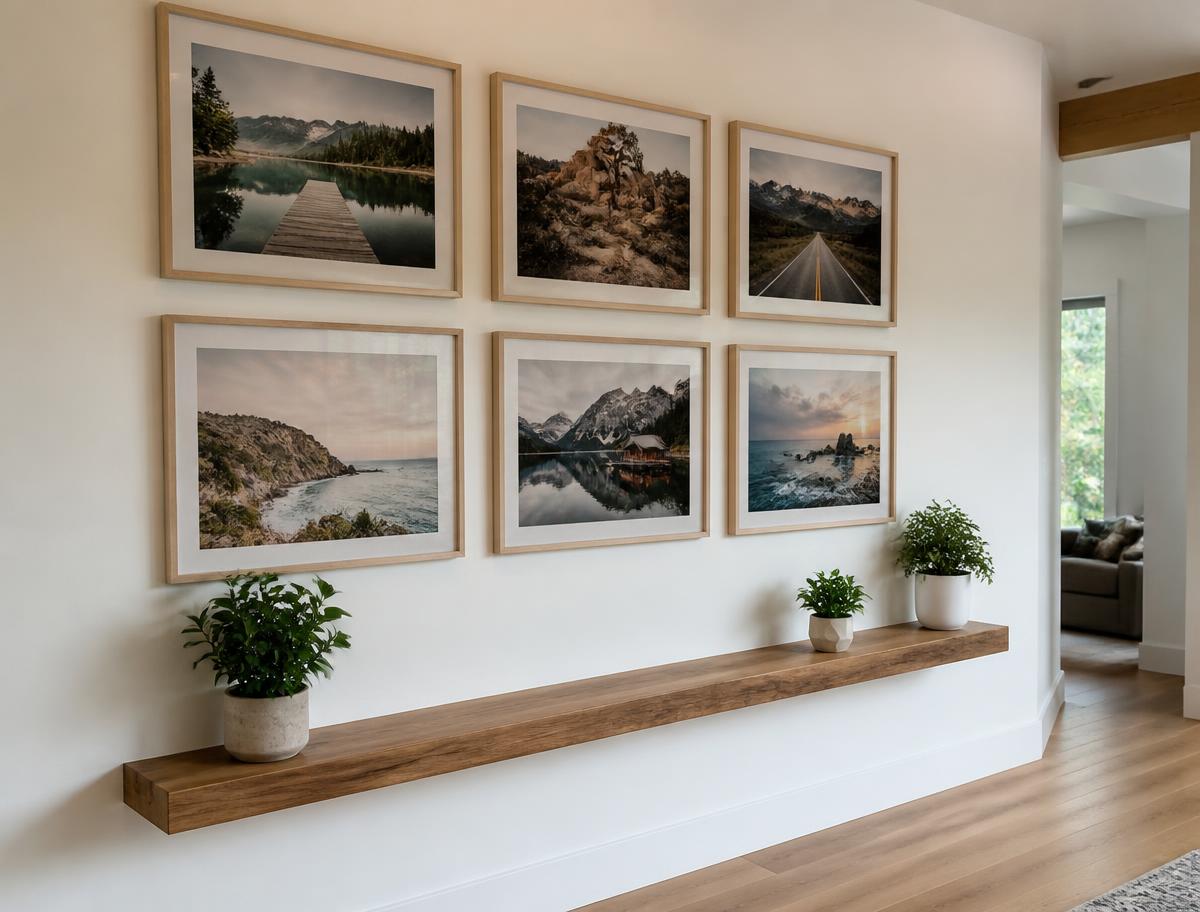 Finished gallery wall of evenly spaced frames above a floating wood shelf