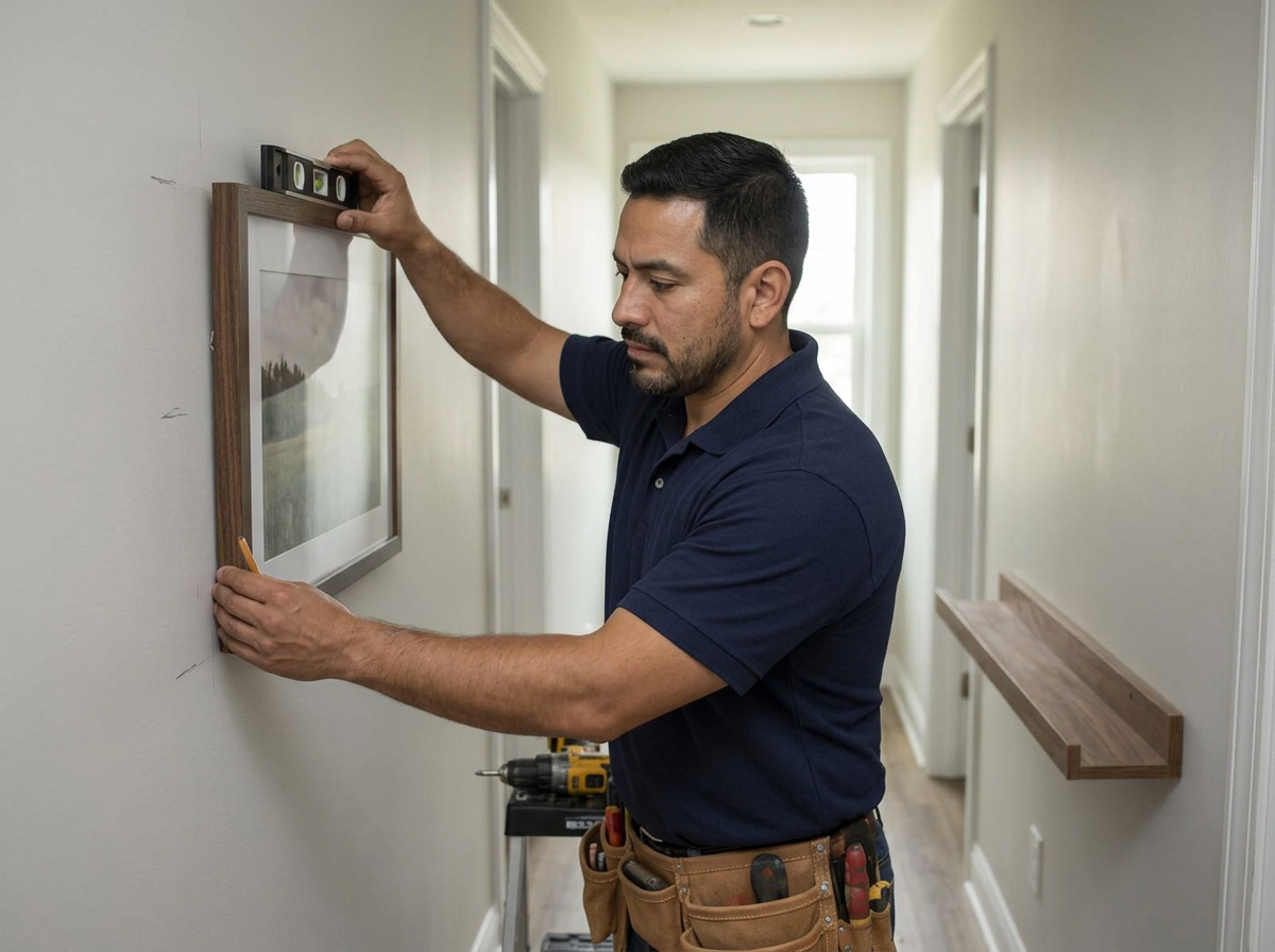 Handyman Experts technician leveling a framed picture on a hallway wall