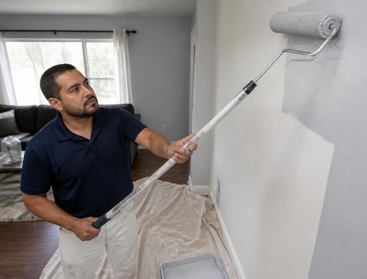 Handyman Experts painter rolling fresh paint onto an interior living room wall