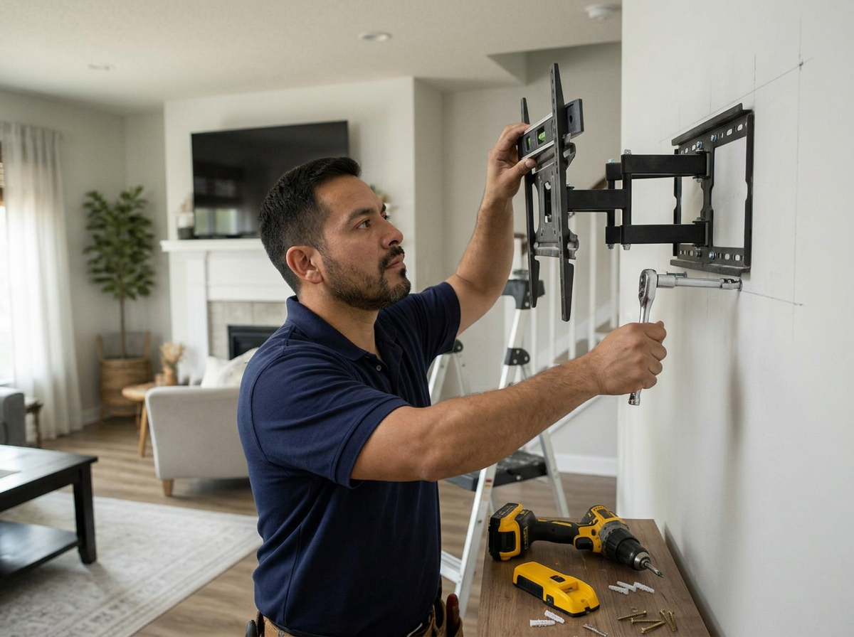 Handyman Experts technician leveling and bolting a TV wall mount into studs